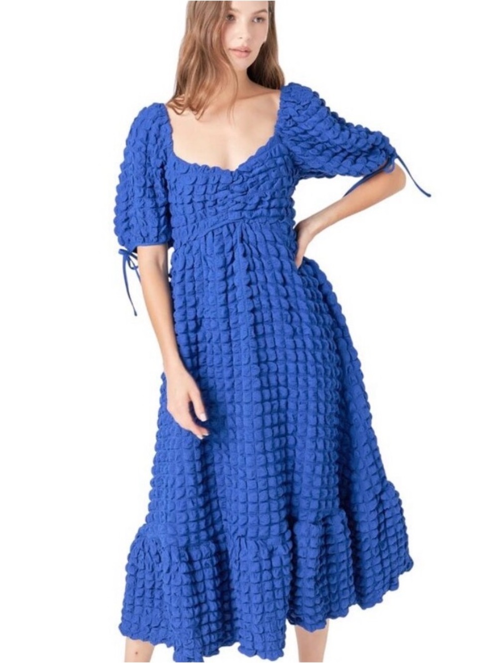 Enless Rose Anthropologie BUBBLE Textured Puff-Sleeve Midi Dress S